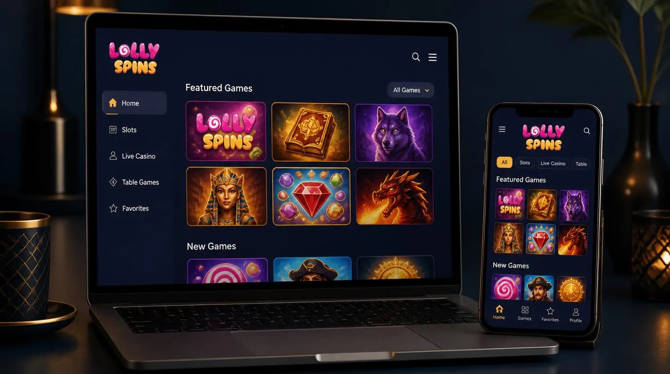 Übersichtlicher Casino-Spielkatalog auf Laptop und Smartphone mit verschiedenen Spielkacheln